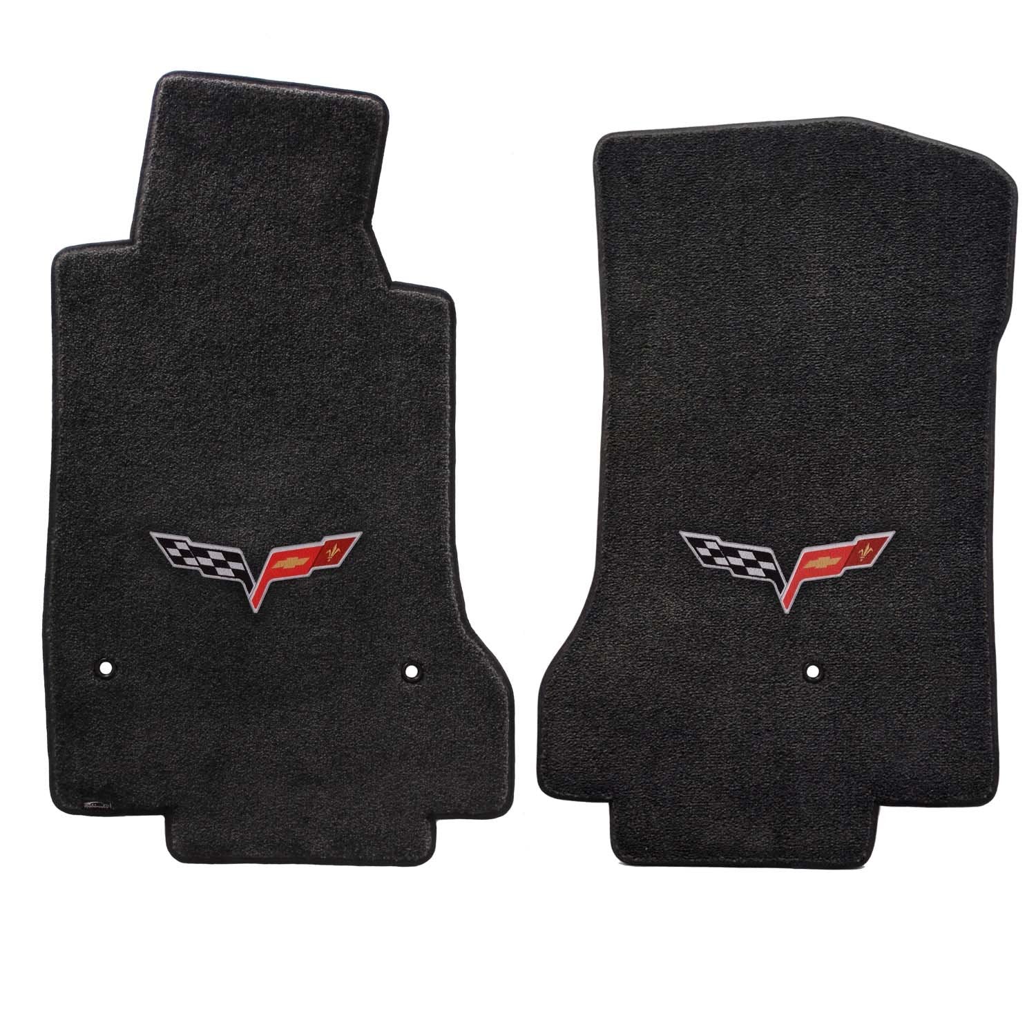 Fits 2007.5-2013 C6 Corvette Driver & Passenger Floor Mats Set; Black / Ebony Velourtex Fabric with Crossed Flags Logo Embroidery