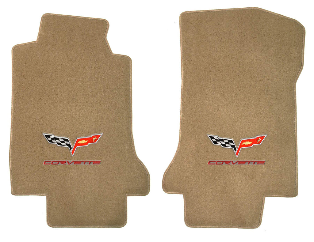 2005-2006 C6 Corvette Cashmere Tan Floor Mats - Crossed Flags & Red CORVETTE Logo