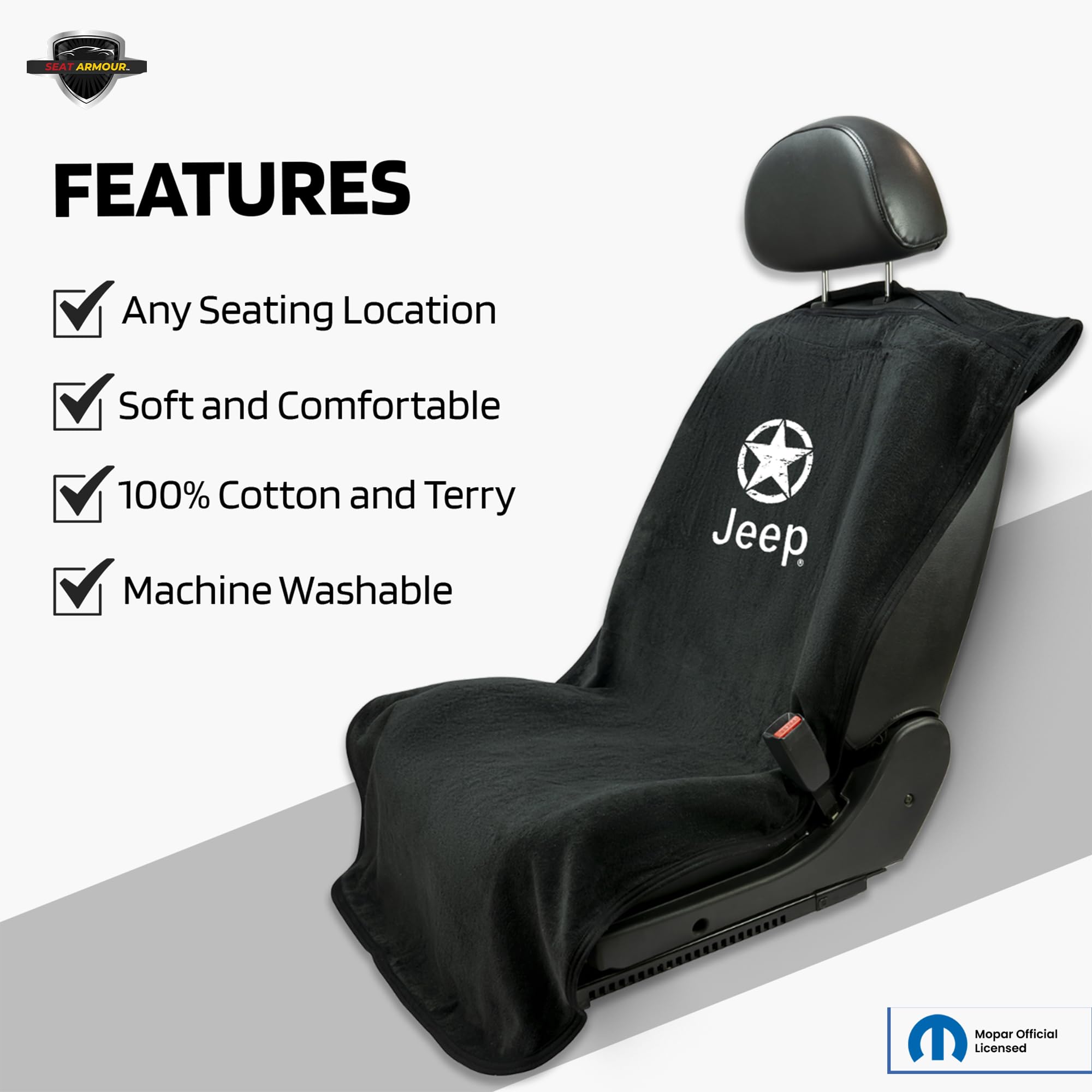 Seat Armour Black Seat Protector Towel Compatible with Jeep Models – 100% Cotton, Multipurpose Car Seat Cover & Towel – Soft, Machine Washable, Easy to Install