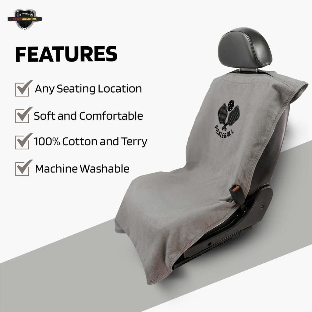 Seat Armour Seat Protector Towel – Pickleball Design – Soft Machine Washable Car Seat Cover Towel – Easy to Install, Multipurpose Car Seat Towel – Gray