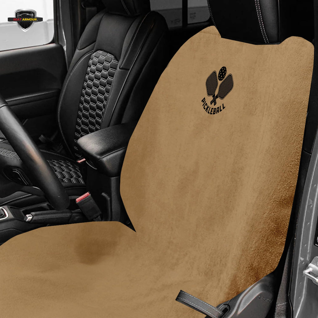 Seat Armour Seat Protector Towel – Pickleball Design – Soft Machine Washable Car Seat Cover Towel – Easy to Install, Multipurpose Car Seat Towel – Tan