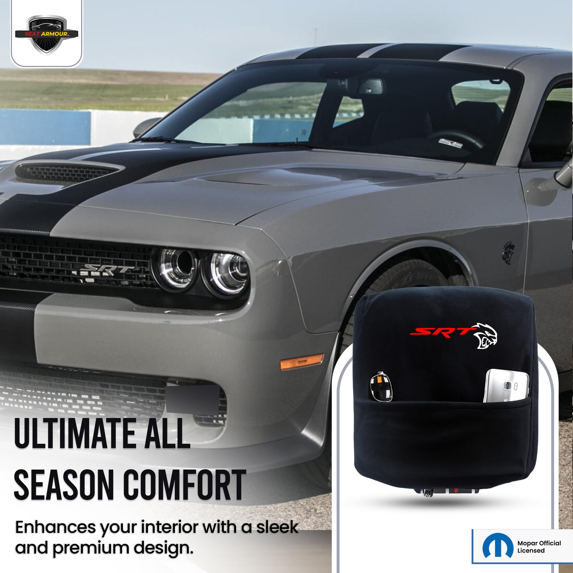 Seat Armour Center Console Cover for 2015–2024 Dodge Challenger – Black, 100% Cotton with Embroidered SRT Logo & Organizer Pocket – Custom Fit & Machine Washable