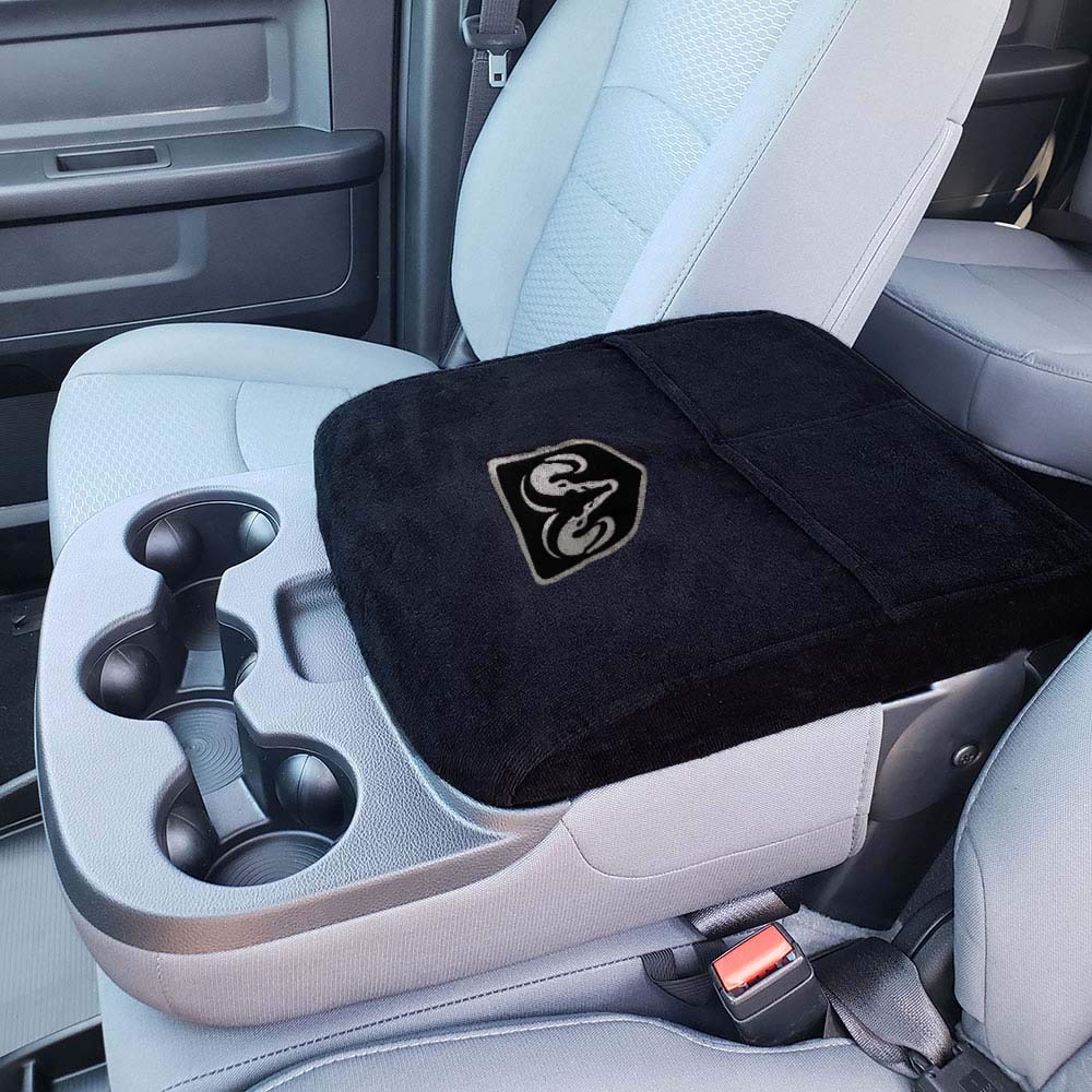 Car Console Covers Plus Official Licensed RAM Embroidered Logo Center Console Cover Designed by Seat Armour to fit RAM 2014-2025 Classic Jump Seat Model and All Bucket Seat Models