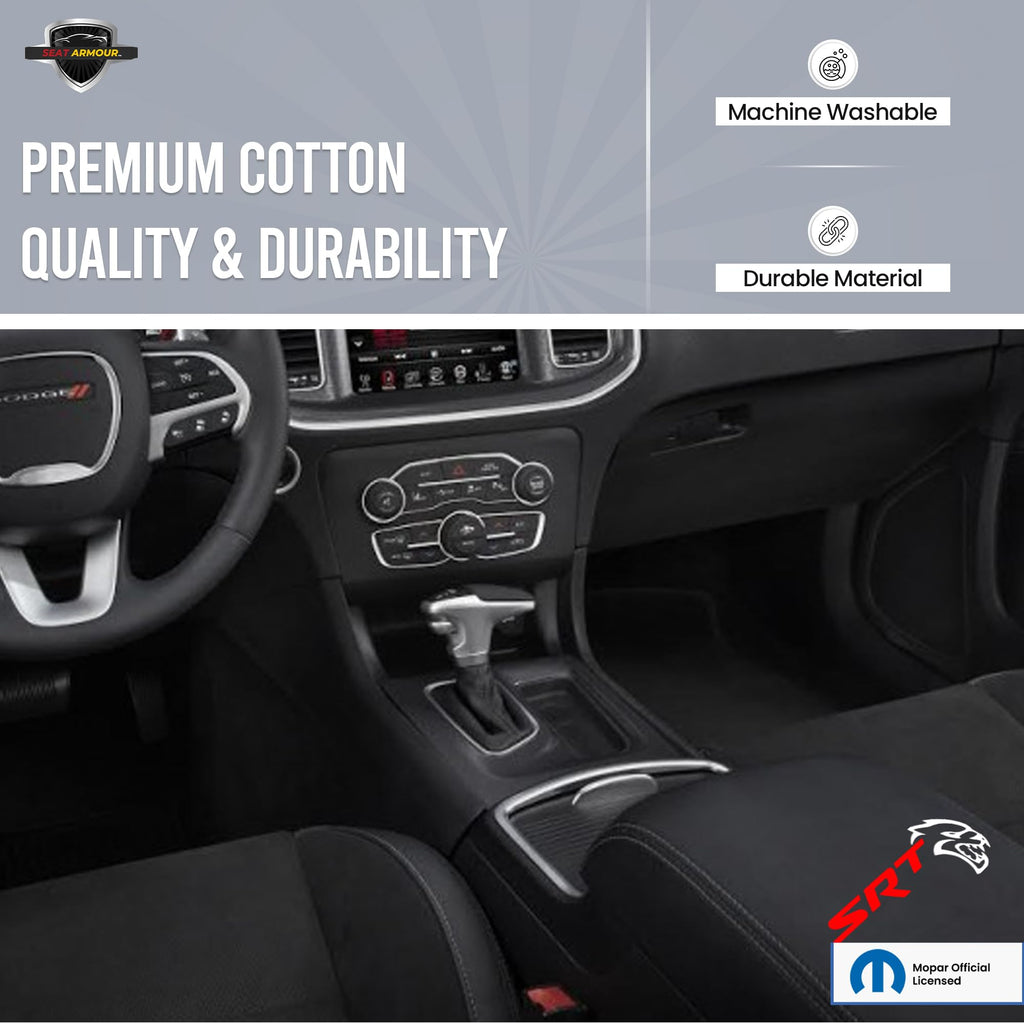 Seat Armour Center Console Cover for Dodge Charger (2011–2024) – Black, 100% Cotton with Embroidered SRT Logo & Organizer Pocket – Custom Fit & Machine Washable