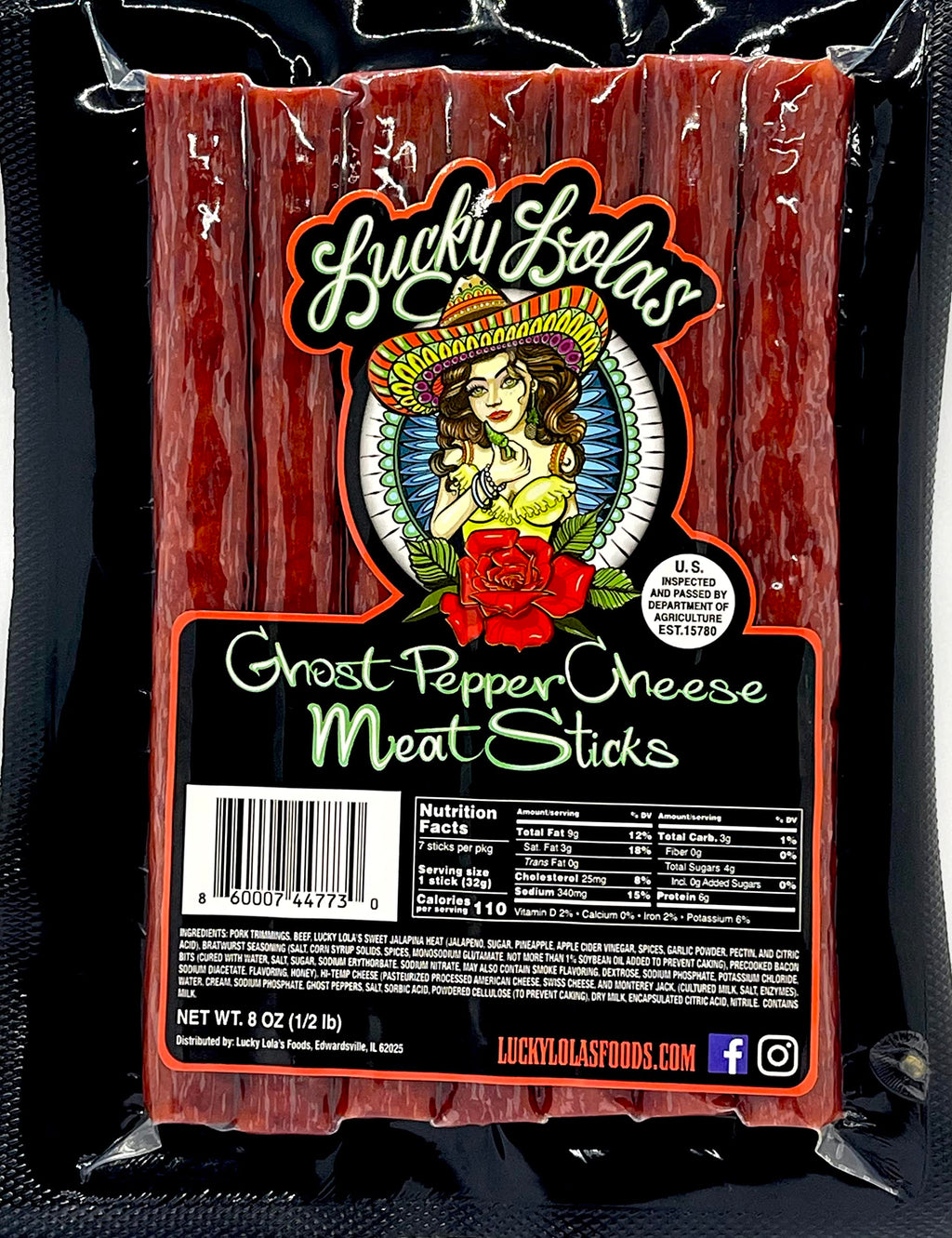 Ghost Pepper Cheese Meat Sticks by Lucky Lola's - 1/2 Pound of Hot & Spicy Snacks (7-6" Large Sticks) - 3 Cheeses, Ghost Peppers, and Jalapina Heat