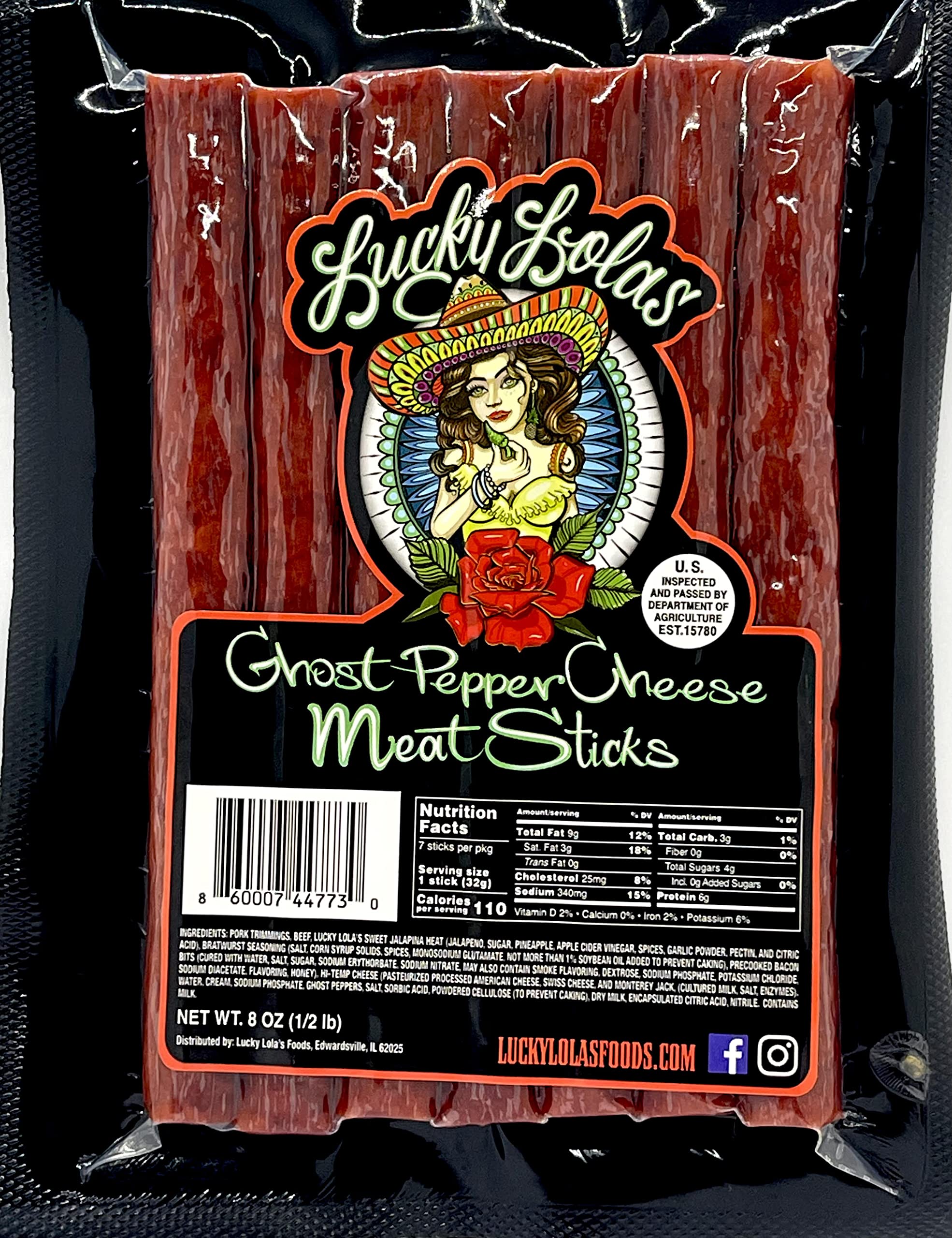Ghost Pepper Cheese Meat Sticks by Lucky Lola's - 1/2 Pound of Hot & Spicy Snacks (7-6" Large Sticks) - 3 Cheeses, Ghost Peppers, and Jalapina Heat