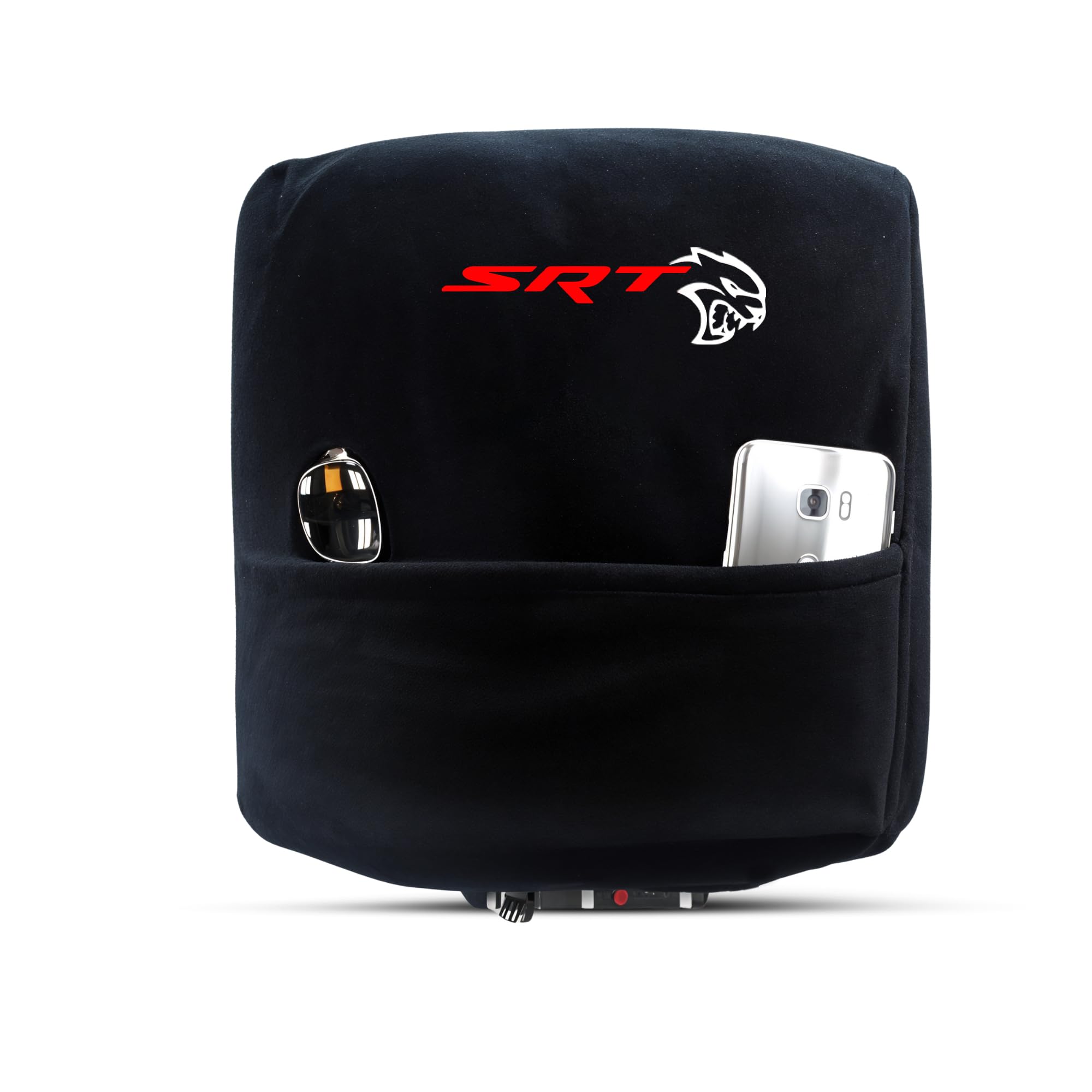 Seat Armour Center Console Cover for 2015–2024 Dodge Challenger – Black, 100% Cotton with Embroidered SRT Logo & Organizer Pocket – Custom Fit & Machine Washable