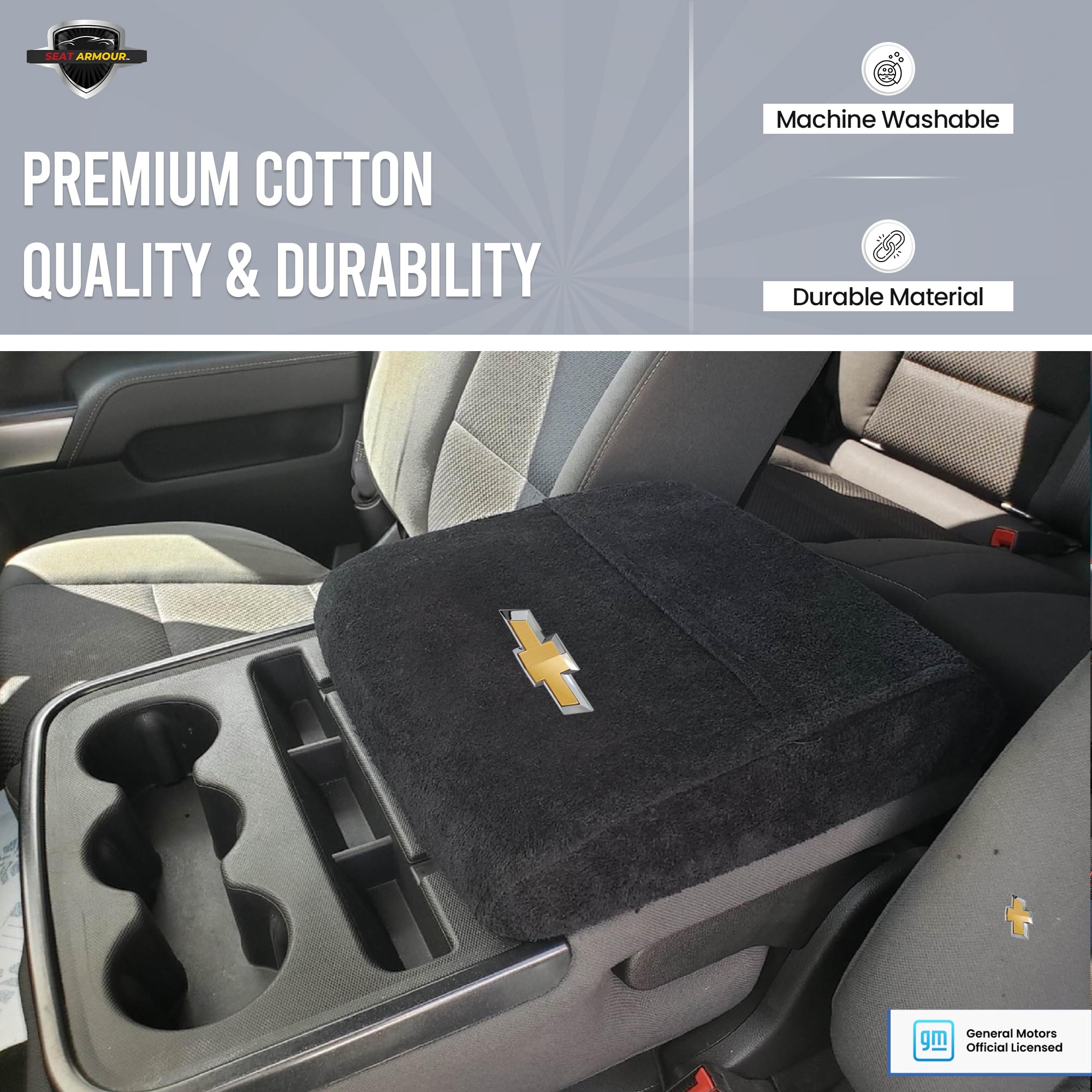 Seat Armour Konsole Armour Center Console Cover with Logo – Compatible with Chevrolet Silverado/Large SUV (2019–2024) Jump Seat Models Only – Black, 100% Cotton, Machine Washable with Organizer Pocket