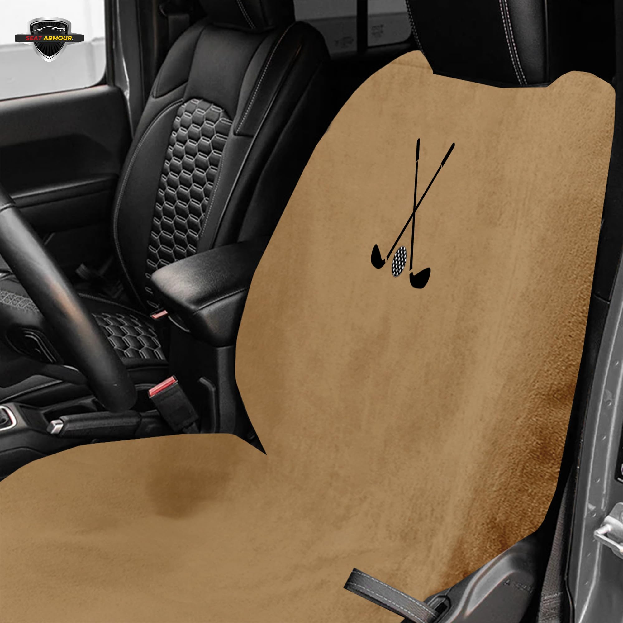 Golf Clubs & Ball Logo Seat Towel/Cover – Soft, Absorbent & Machine Washable – Tan