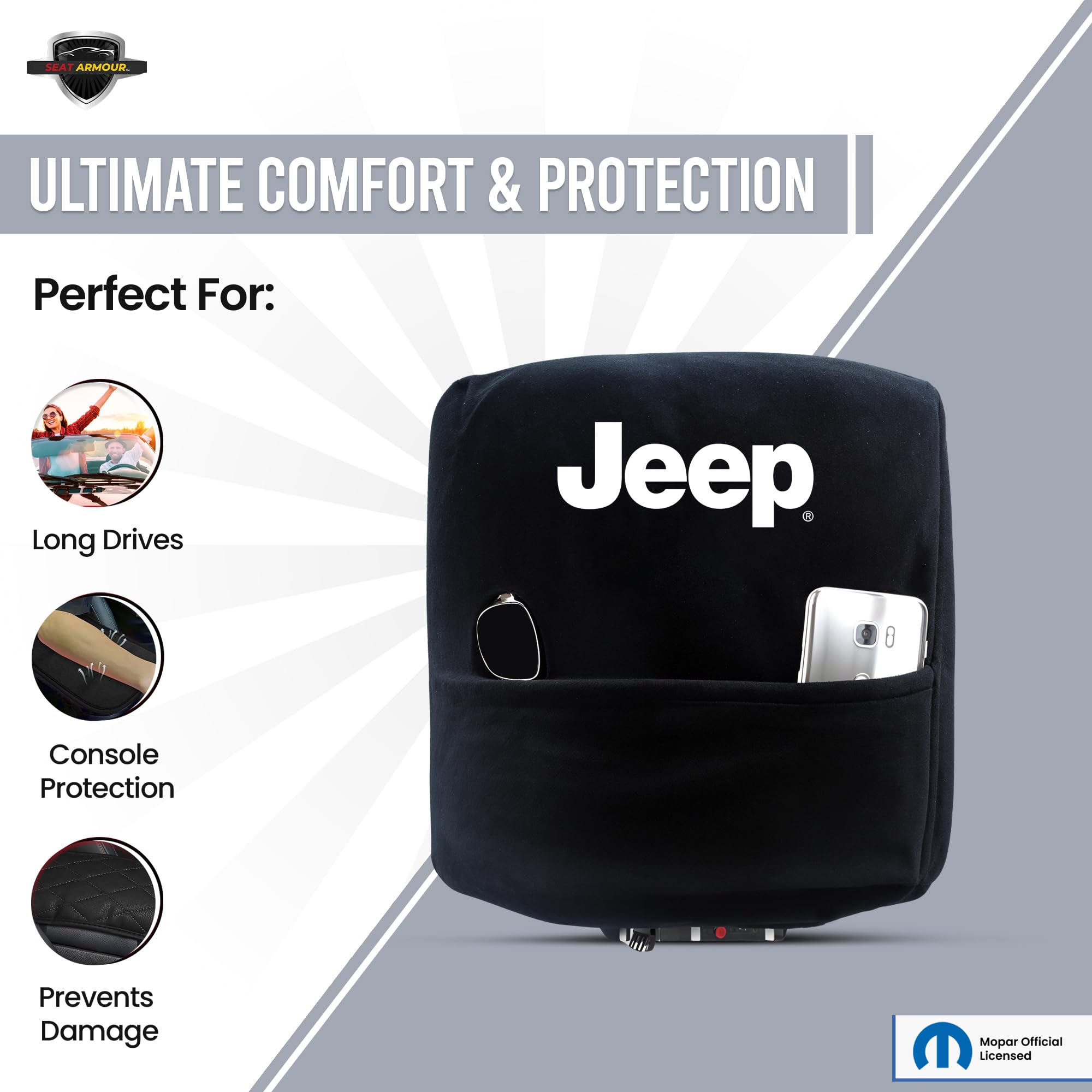 Konsole Armour Center Console Cover for Jeep Wrangler JL (2018–2022) – Custom Fit Protection with Premium Embroidered Jeep Logo – Officially Licensed, Soft & Durable