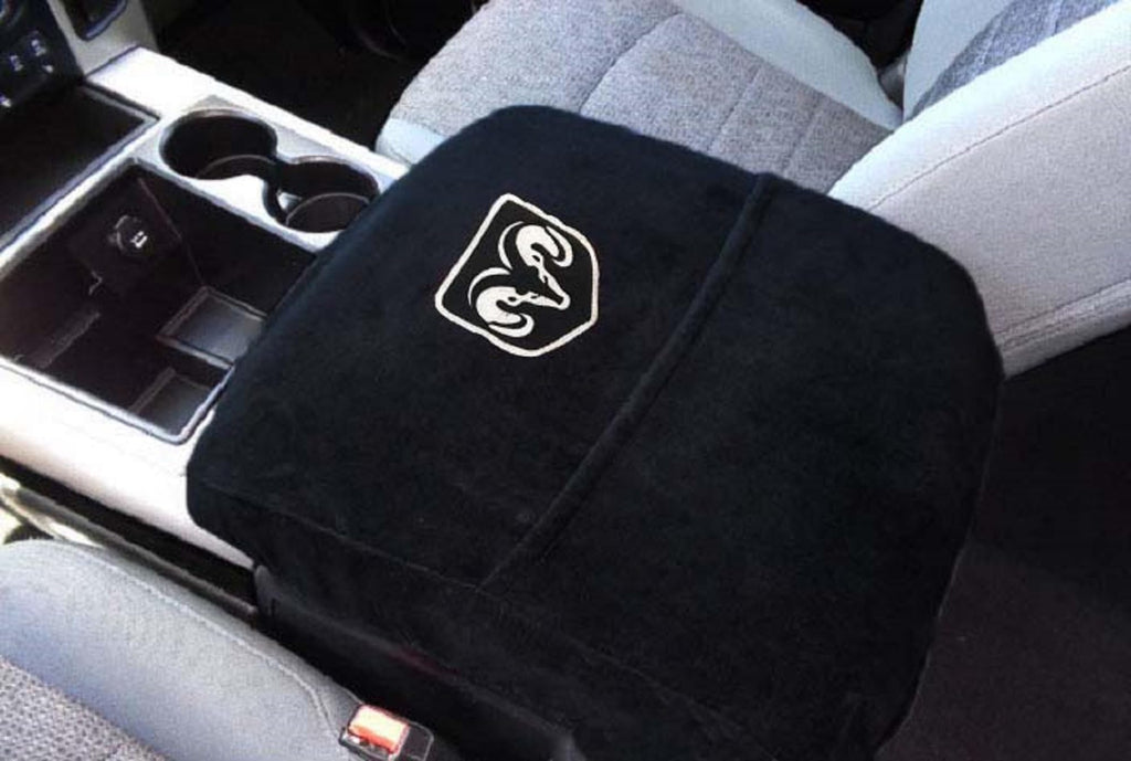 Car Console Covers Plus Official Licensed RAM Embroidered Logo Center Console Cover Designed by Seat Armour to fit RAM 2014-2025 Classic Jump Seat Model and All Bucket Seat Models
