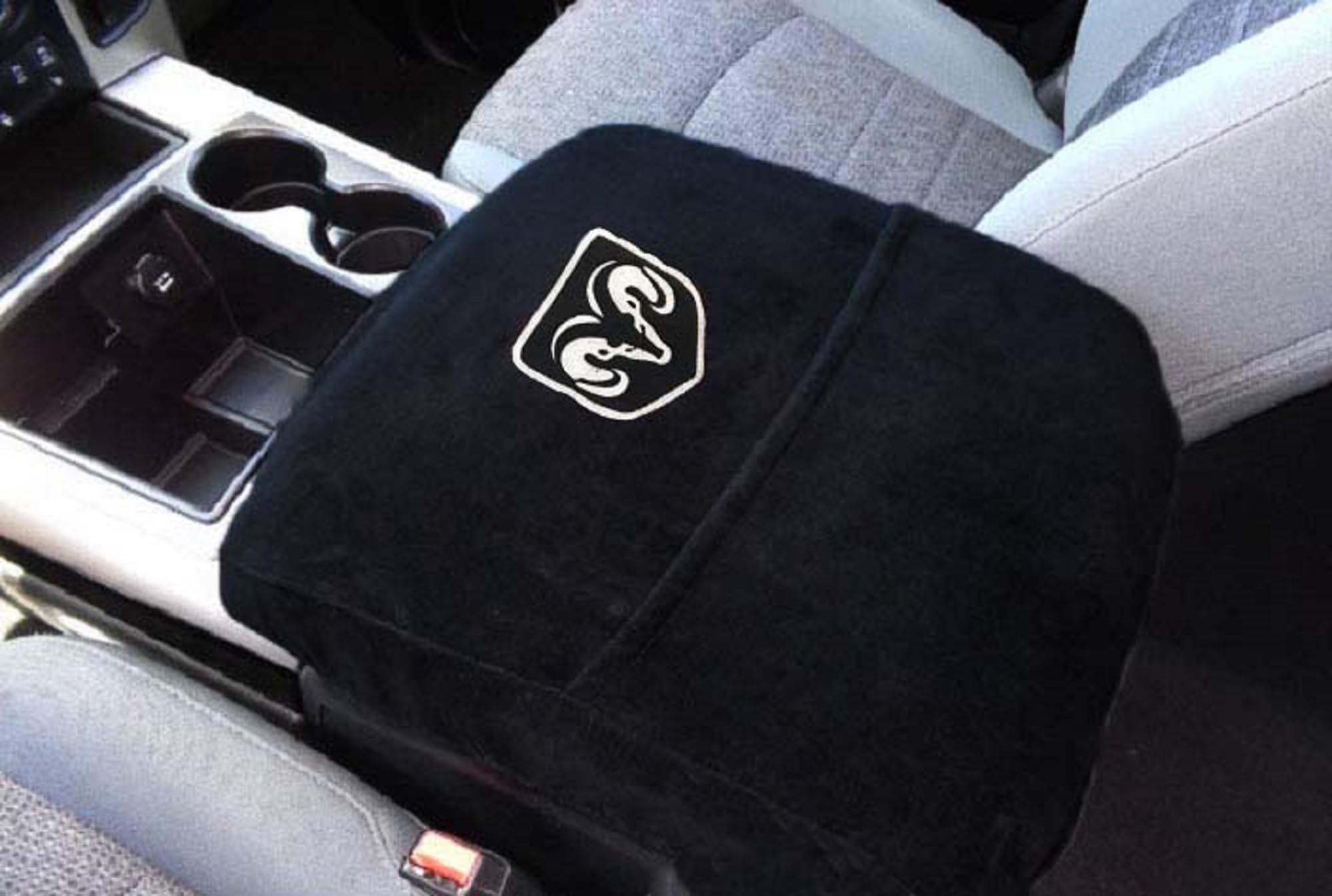 Car Console Covers Plus Official Licensed RAM Embroidered Logo Center Console Cover Designed by Seat Armour to fit RAM 2014-2025 Classic Jump Seat Model and All Bucket Seat Models