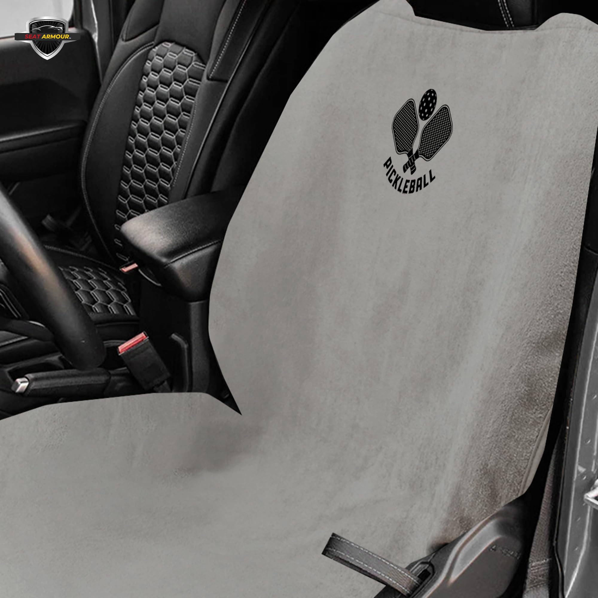 Seat Armour Seat Protector Towel – Pickleball Design – Soft Machine Washable Car Seat Cover Towel – Easy to Install, Multipurpose Car Seat Towel – Gray