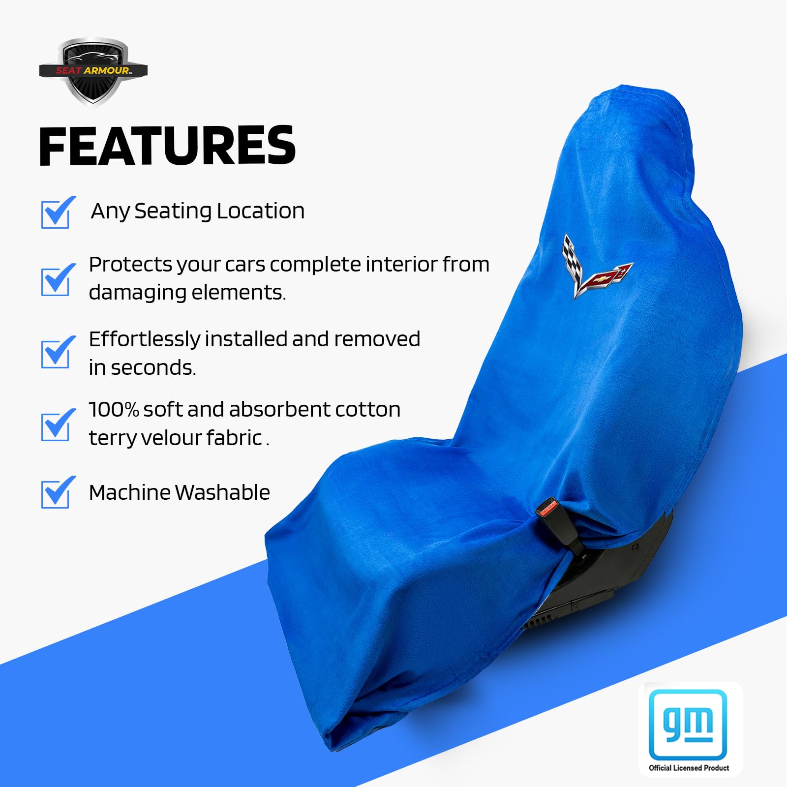 Seat Armour Corvette C7 Blue Seat Cover Towel2GO - Universal Fit Soft Machine Washable - Easy Install, Multipurpose Seat Cover