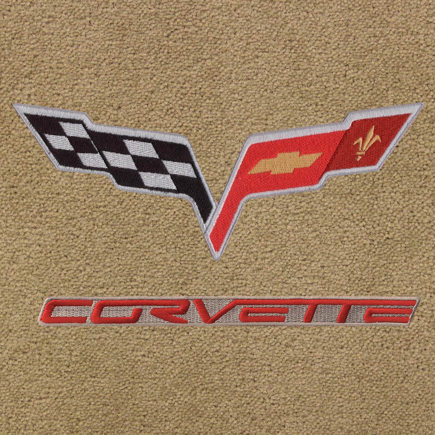 2005-2006 C6 Corvette Cashmere Tan Floor Mats - Crossed Flags & Red CORVETTE Logo